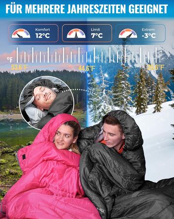 KingCamp Oasis спальник 3 сезони, теплий, легкий, зручний, з капюшоном, для кемпінгу та туризму, для приміщення і вулиці