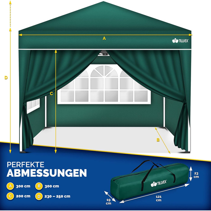Водонепроникний павільйон Pop-Up 3x3 м, садовий намет з регульованою висотою, UV 50+, 4 стінки, зелений, сумка для транспортування