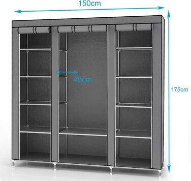 Тканинна шафа INTIRILIFE 150x175x45 см з блискавкою, полицями, штангою та бічною кишенею, для одягу, кемпінгу, сірий