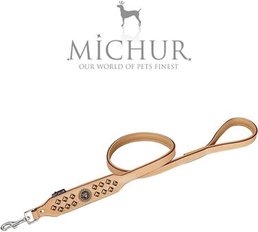 Шкіряний повідок для собак MICHUR Diego бежевий 150×2,5 см, плоский, підходить до нашийника Diego, коричнево-бежевий-золотий