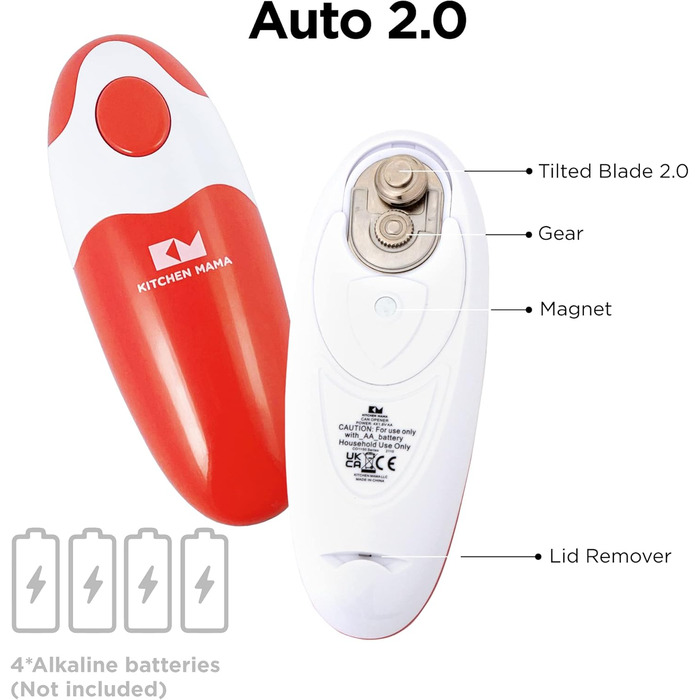 Електричний консервний ніж Kitchen Mama Auto 2.0, автоматичний, батарейковий, нержавіюча сталь, гладкий зріз, для всіх банок, червоний