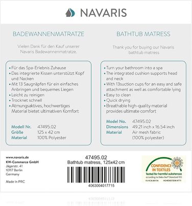 М'який килимок для ванни Navaris з подушкою, 125x42 см, білий, сітчастий матрац-вкладиш для ванни