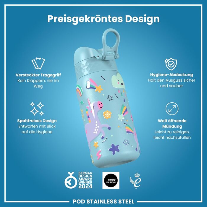 Дитяча термобутилка з нержавіючої сталі Ion8 320 мл, герметична, зручна кришка, легке очищення, малюнок Єдиноріг, колір синій (Evo, Alaska Blue)