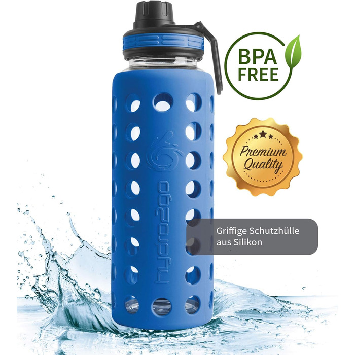 Скляна пляшка для води з силіконовим чохлом, 950 мл, герметична, BPA-free, придатна для миття в посудомийній машині, 2 змінні кришки, для офісу, спорту, фітнесу, йоги, темно-синя
