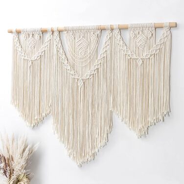 Великий макраме настінний гобелен Dremisland Boho, бежевий, з китицями та перлинами, для декору стін у спальні та вітальні, 110x80 см (лист), богемна настінна тканина