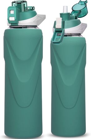Скляна пляшка для води 1 л з трубочкою, BPA free, боросилікат, силіконова обгортка, темно-зелена