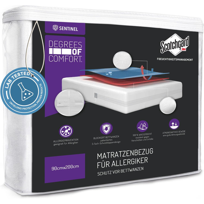 Гіпоалергенний матрацний чохол Degrees of Comfort 90x200 см, водонепроникний, анти-кліщовий та захист від постільних клопів, бавовняна поверхня, на матраци висотою 13-16 см, з блискавкою