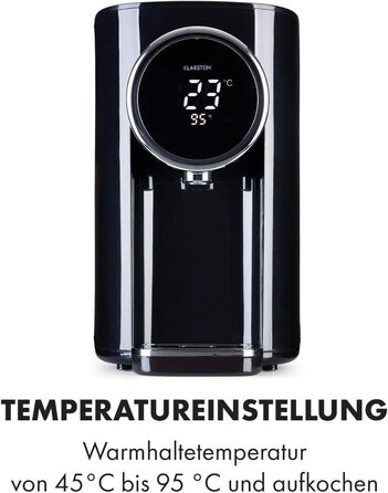 Диспенсер гарячої води Klarstein Hot Spring Plus, 5 л, LCD-дисплей, 45-95°C, нержавіюча сталь, захист від перегріву та дітей, чорний