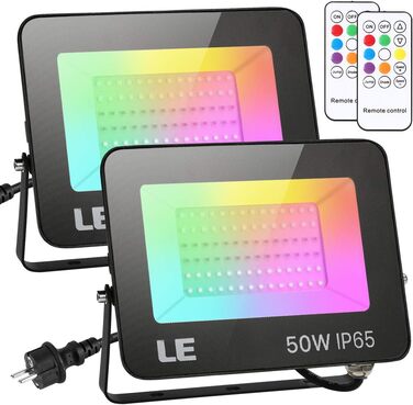Світлодіодний прожектор Lepro 50W RGB із RF-пультом, 2 шт., водонепроникний LED-флудлайт з пам’яттю, димований, кольорова зміна, IP65, для саду, вечірки, готелю