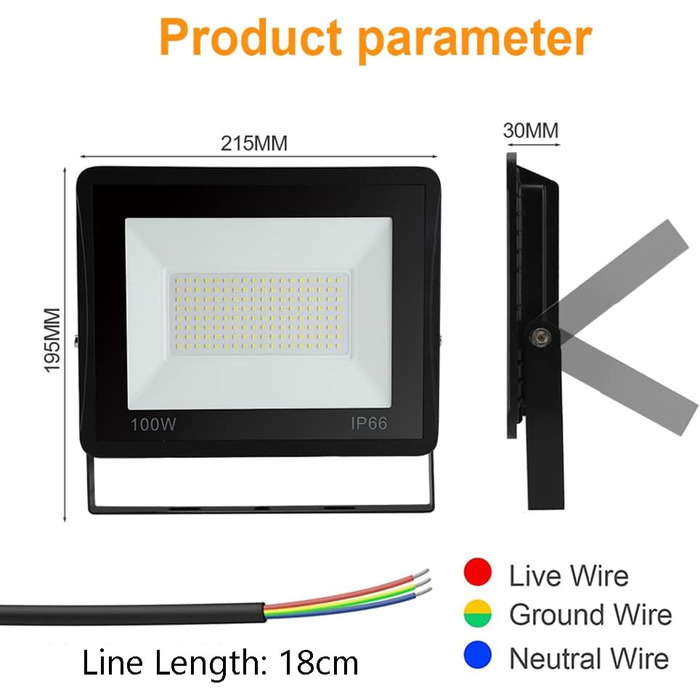 LED прожектор для вулиці 100Вт, 5шт, IP66 водонепроникний, 8500Лм, 6000K холодне біле світло, кут 120°, для зовнішнього та внутрішнього освітлення