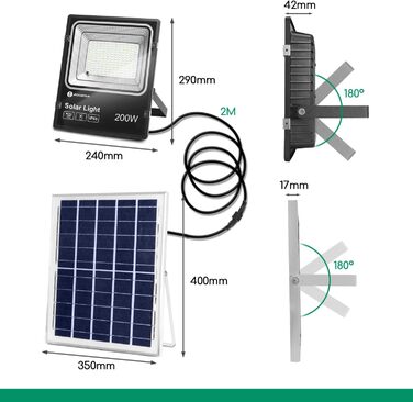 Світлодіодний прожектор Aigostar 50W з сонячною панеллю, 6500K, IP66, для вулиці, саду, гаража, 2 шт (еквівалент 200 Вт)