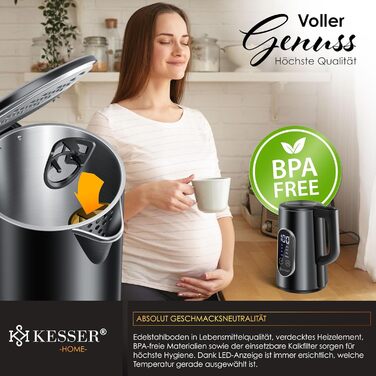 Електричний чайник KESSER 1.7 л, нержавіюча сталь, LED-дисплей, 4 температурні режими 40–100°C, підтримка тепла, 2200 Вт, BPA Free, фільтр від накипу, чорний