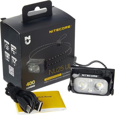 Легка налобна ліхтарик Nitecore NU25UL, USB-C, 400 люмен, 130 м, червоне світло для нічного бачення
