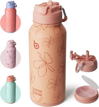 Термобутилка з нержавіючої сталі 1 л із трубочкою BOTTLE BOTTLE, герметична, для спорту та фітнесу, з відділенням для таблеток, BPA-free, подвійні стінки, жовті квіти