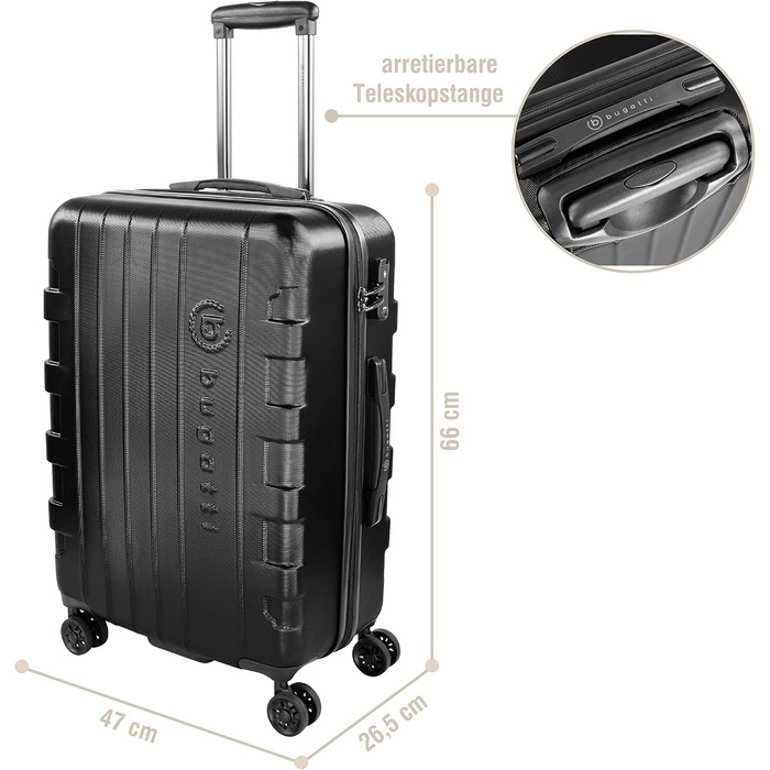 Валіза Bugatti Galatea 38L, 4 колеса, TSA, 55x38x23,5 см, чорна, середня