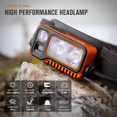 Налобний ліхтар OLIGHT Array 2 Pro з LED, жестовим керуванням, 1500 лм, 150 м, USB-C, акумуляторний, 3 режими світла, червоне світло, 60° регулювання, SOS, помаранчевий