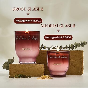 Велика ароматична свічка M&SENSE 470 г з дерев'яним гнітом, темна троянда і бурштин, 95 годин горіння, соєвий віск, у склі, розкішний подарунок для жінок, нетоксична аромасвічка