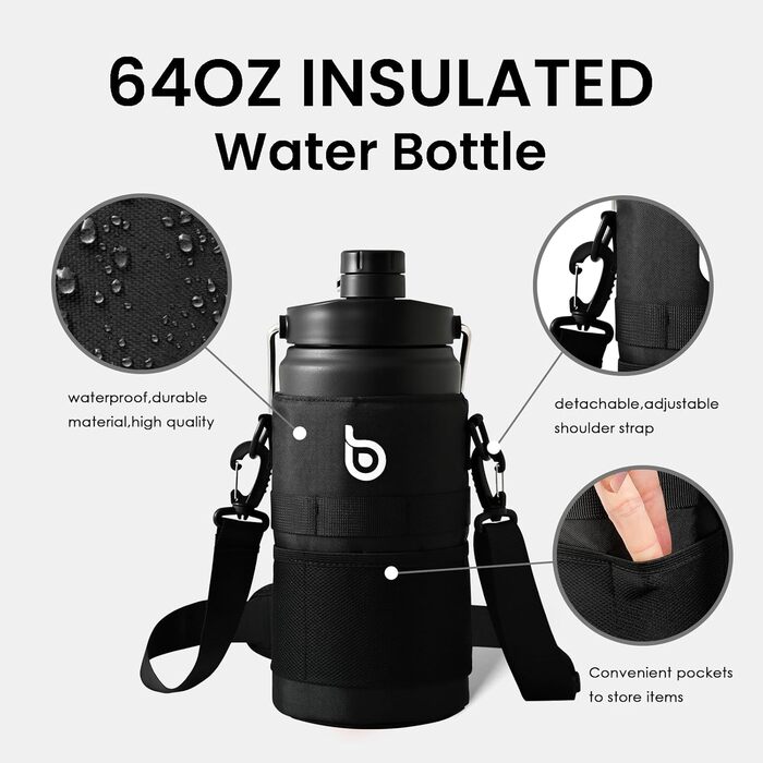 Ізольована пляшка для води BOTTLE BOTTLE 1,8 л з трубочкою, подвійною кришкою та ручкою, термос із нержавіючої сталі для спорту, фітнесу та напоїв, чорна