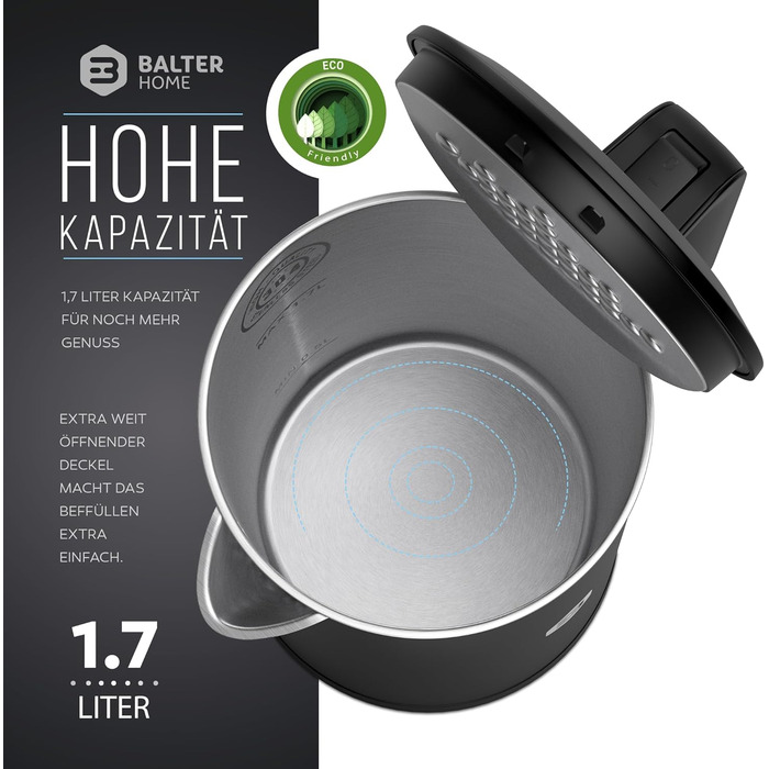Електрочайник Balter WK-4 з нержавіючої сталі, 1.7 л, подвійні стінки, LED-підсвітка, BPA-free, тихий, чорний