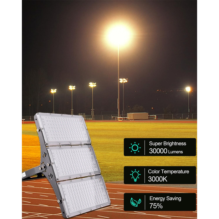 LED прожектор 300W 30000Лм, тепле біле світло 3000K, IP65, вуличний водонепроникний ліхтар для саду, тераси, гаража, спортмайданчика, фабрики, майстерні