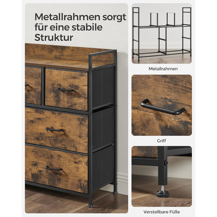 Комод SONGMICS на 7 тканинних шухляд з ручками, металевий каркас, індустріальний стиль, вінтажно-коричневий/чорний