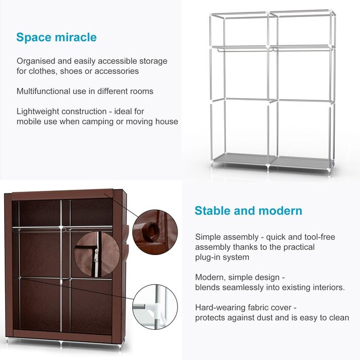 Тканинна шафа INTIRILIFE 108x170x45 см, коричнева, з блискавкою, полицями, металевим каркасом, боковою кишенею та перекладиною для одягу – складаний органайзер для зберігання