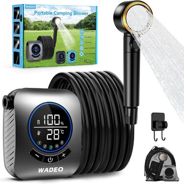 Портативний душ WADEO для кемпінгу з акумулятором 8000mAh, насосом і душовою лійкою, мобільний душ для подорожей, саду, авто, сріблястий