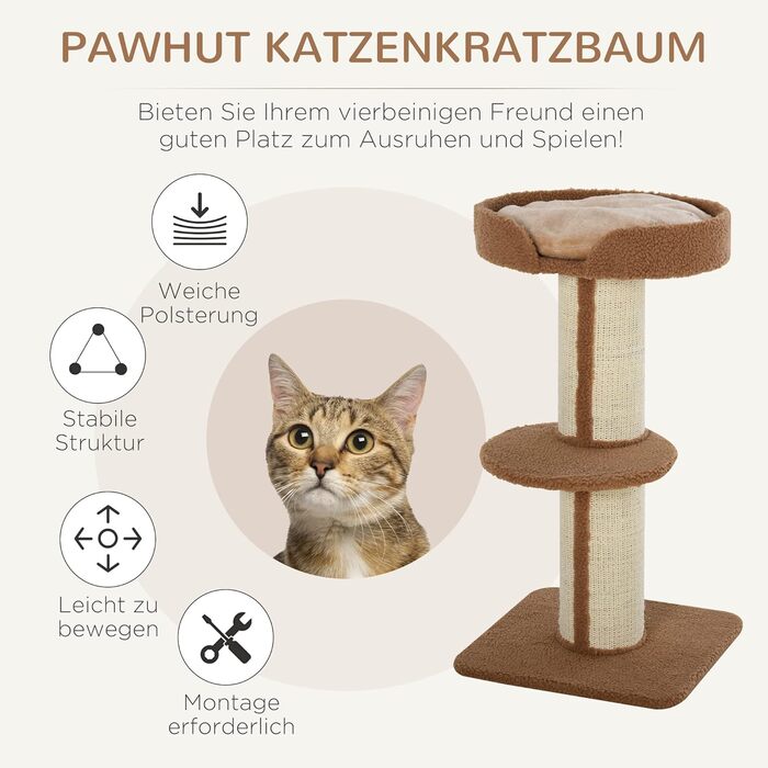 Котячий комплекс PawHut 91 см: кігтеточка, лежак, платформа, для котів до 5 кг, сизаль, лямкова шерсть, світло-коричневий
