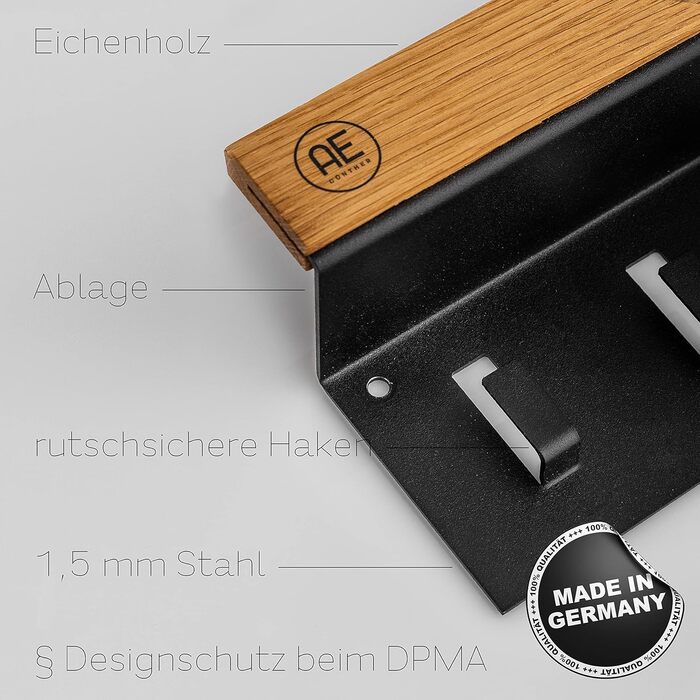 AE GÜNTHER® Ключниця з дуба і сталі, настінна органайзер для ключів з поличкою, чорний тримач для ключів