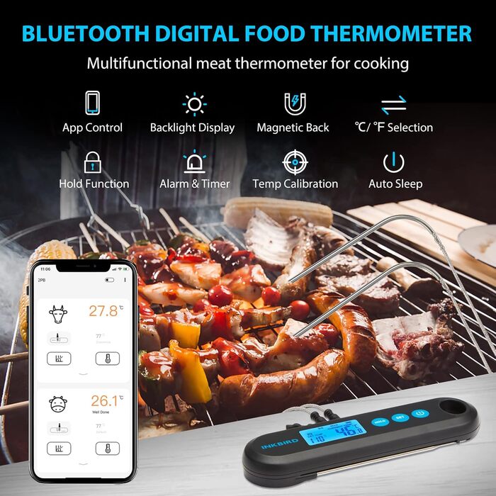 Бездротовий термометр для м'яса Inkbird IHT-2PB, Bluetooth, 2 зовнішні зондy, USB зарядка, магнітний, для гриля, кухні та випічки