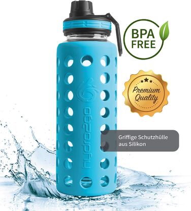 Скляна пляшка для води з силіконовим чохлом, 950 мл, герметична, BPA-free, для спорту, йоги, офісу, з 2 змінними кришками, Coral Blue