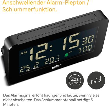 Цифровий годинник Braun BC10B з будильником, датою, місяцем, термометром, LCD-дисплеєм, швидким налаштуванням, чорний