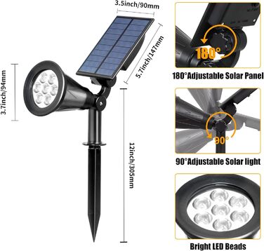 Світлодіодний садовий прожектор T-SUN на сонячних батареях, 2 шт., 4 LED, яскраве зовнішнє світло 6000K, 2 режими, для газону, доріжок, тераси, холодне біле