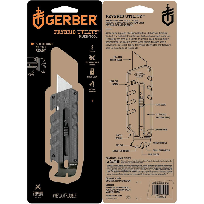 Мультитул Gerber Prybrid-Utility, 8 функцій, сірий, нержавіюча сталь
