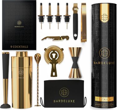 BarDeluxe® набір для коктейлів 12 предметів, набір бармена, міксер для коктейлів | шейкер 750 мл з нержавіючої сталі, подарунковий набір для коктейлів (глибоке золото)