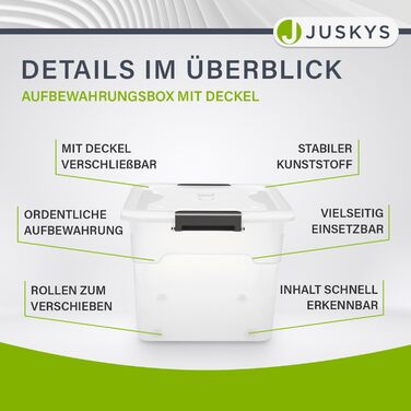 Juskys пластикові контейнери з кришкою 45 л, прозорі, набір 4 шт. — великі, штабельовані бокси для зберігання речей