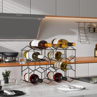 Винна полиця Urban Deco на 14 пляшок, металева, чорна, з 2 гачками для келихів, компактна для кухні, 43x13,6x31 см