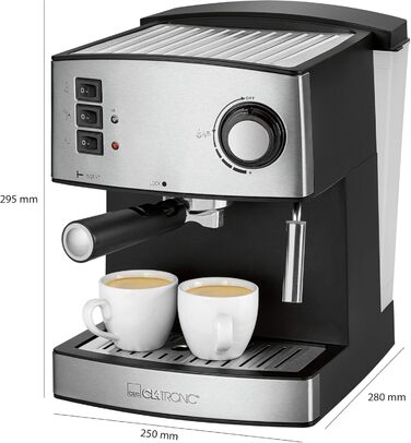Еспресо-кавоварка Clatronic ES 3643, 15 бар, 1,6 л, 850 Вт, з нержавіючої сталі, парова насадка, знімний резервуар