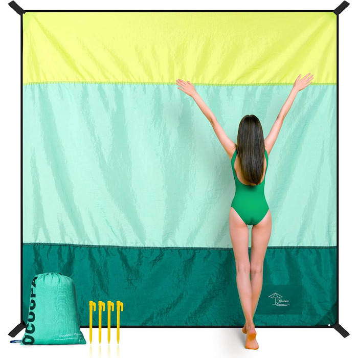 Пляжна килимка OCOOPA 280x300 см, водонепроникна, не пропускає пісок, зручний і довговічний матеріал, великі смуги, легка та компактна для пікніка (зелена, 220x210 см)