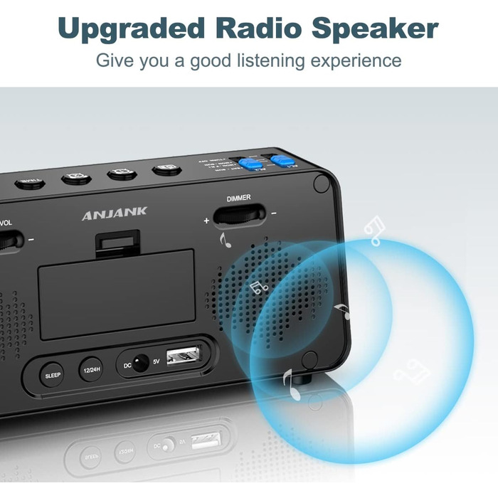 Цифровий FM-радіо будильник ANJANK з USB-зарядкою, подвійним будильником, димованим LED-дисплеєм 6,5'', динаміком, функцією відкладання, для спальні, чорний