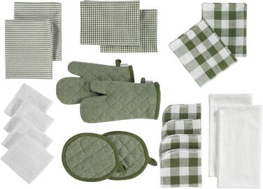 Набір кухонних рушників LANE LINEN 20 шт – бавовняні рушники, термостійкі рукавиці та прихватки, оливковий колір