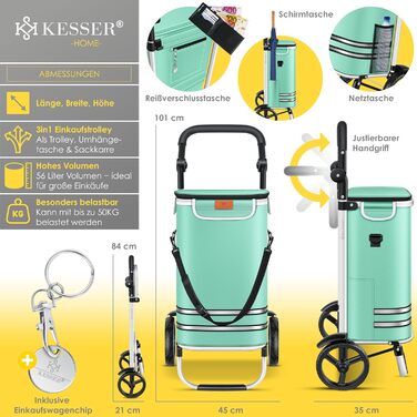 Складна господарська сумка-візок KESSER 3в1, 56 л, до 50 кг, з охолоджувальним відділенням і чіпом для покупок, для сходів, м'ятна