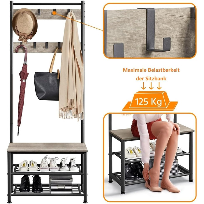 Вішалка Yaheetech для одягу з 3 полицями та гачками, металева, 184,5×72,5×33 см, сіра, для спальні, гардеробної, вітальні чи комори