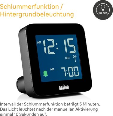 Цифровий радіо-будильник Braun BC09B-DCF з негативним LCD-дисплеєм, функцією швидкого налаштування, поступовим сигналом, режимом сну, для центральноєвропейського часу, чорний