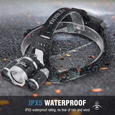 Налобний ліхтар BORUIT RJ3000 LED, 5000 люмен, водонепроникний IPX5, акумуляторний, 4 режими, для дорослих і дітей, для бігу, риболовлі, кемпінгу