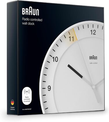 Настінний годинник Braun BC17W-DCF, 30 см, білий, безшумний, радіокерований, велика класична модель, легке читання, центральноєвропейський час (MEZ/GMT+1)