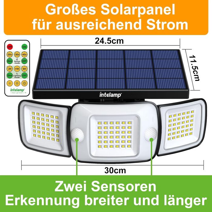 Сонячна LED лампа INTELAMP для вулиці з датчиком руху, 6000 мА·год, 1200 Лм, 270° широкий кут, IP65, з пультом, біле світло, 2 шт.
