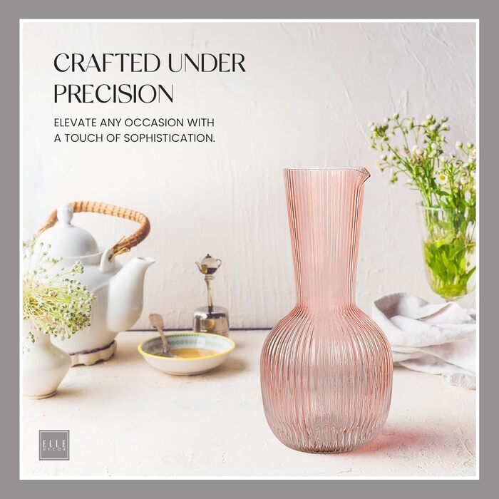 Ребриста скляна карафа elle decor 1,1 л, для води, вина, коктейлів, сангрії, рожевого кольору – стильний глечик для напоїв, бару та вечірок