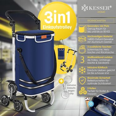 Сумка-візок KESSER для покупок, трьохколісна, складна, з термовідсіком, 56л, до 50кг, 3в1, темно-синя