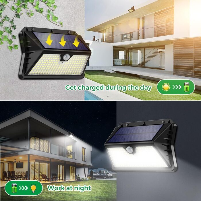 Сонячні LED світильники для вулиці з датчиком руху, 185 LED, 3 режими, водонепроникні, для стіни, саду, двору, гаража, вхідних дверей (холодне біле світло)